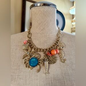 Nautical Gold Tone Ocean Charm Statement Necklace Beachy Vibe